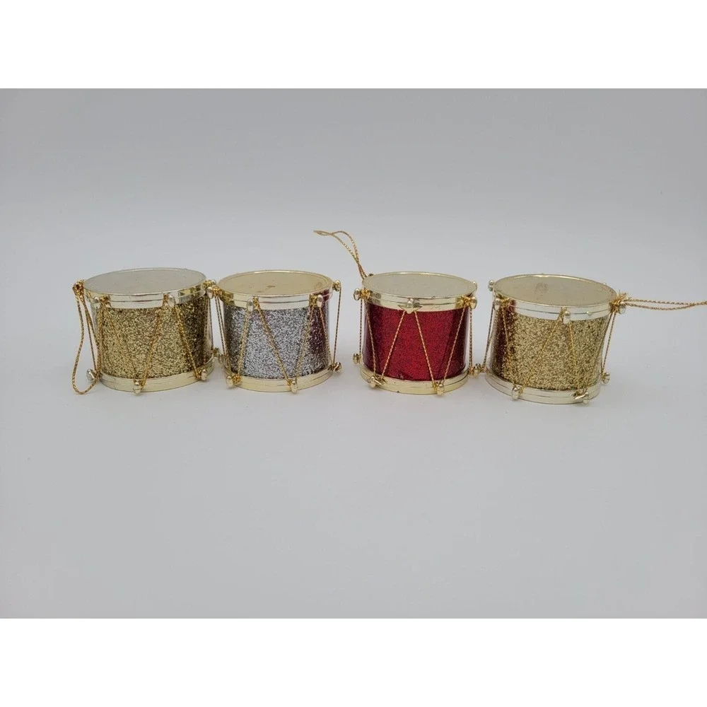 Vintage Lot Of 4 Glitter Drum Christmas Ornaments Gold Red Silver Hanging